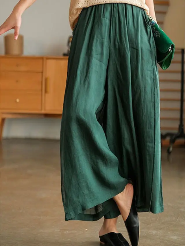 High quality Leisure Hemp Hemp Wide Leg Pants For Women Nine Points Green - Shop at LoveMi
