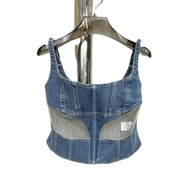 Mesh Panel Denim Tank Top Female Blue - Shop at LoveMi