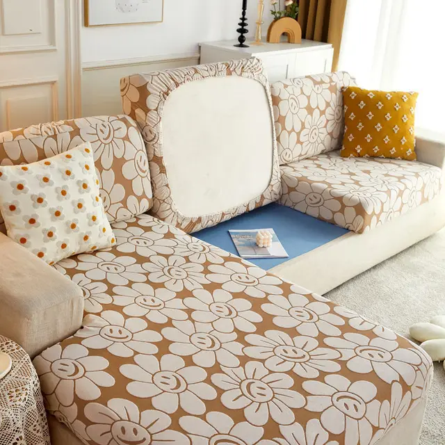 Cross Border High Elastic Knitted Sofa Cushion Cover Three dimensional Jacquard Sunflower Khaki - Shop at LoveMi