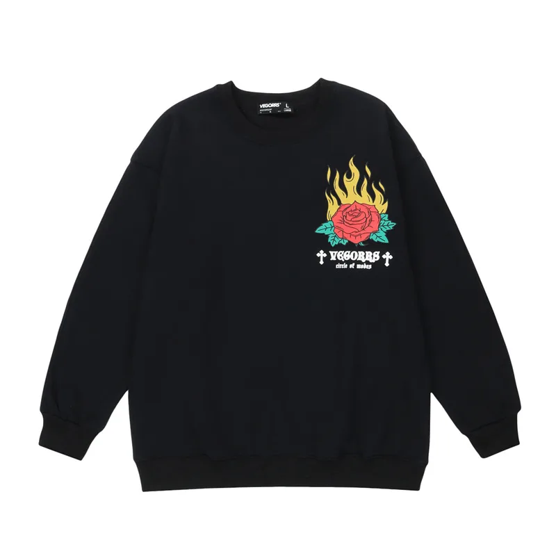 Loose Round Neck Flame Rose Print Plus Fleece Thickened Hoodie - Black