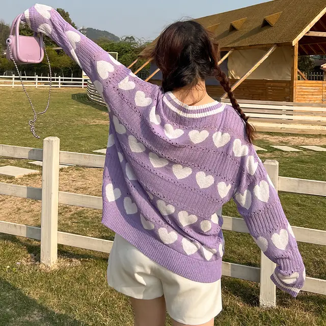 Large Size Color Contrast Heart Hollow Out Design Sense V neck Sweater Purple - Shop at LoveMi