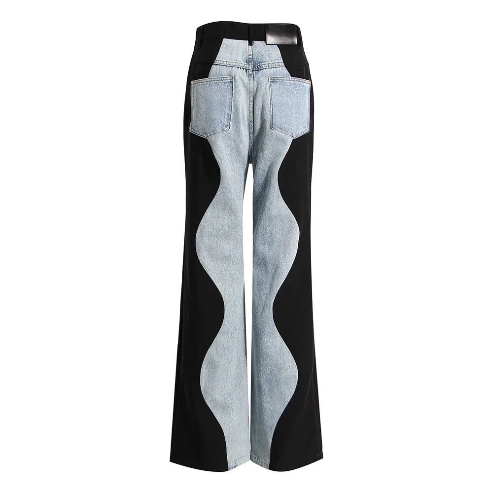 Black And Blue Wavy Denim Splicing Straight Wide Leg Pants Black - Shop at LoveMi