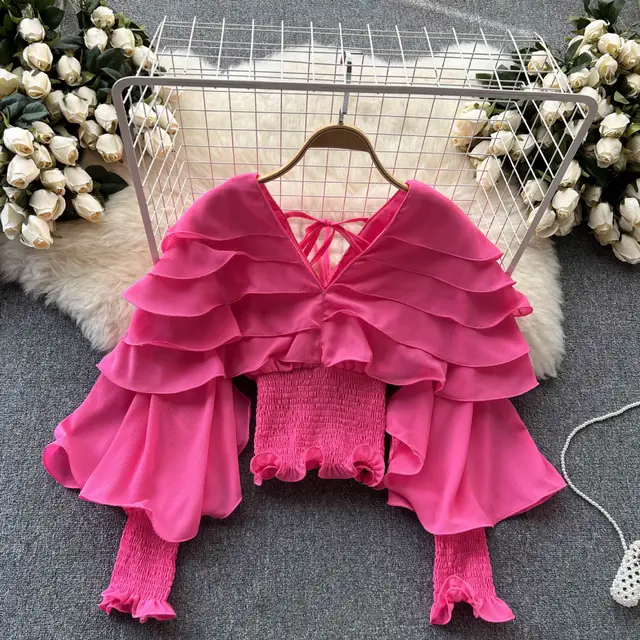 Niche Design Long Sleeve Shirt With Ruffled Edge Tucked In Waist Autumn Top Rose Red - Shop at LoveMi