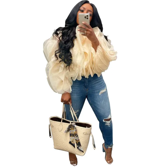 Women's Layered Puffy Petals Chiffon Long Sleeve Beige - Shop at LoveMi