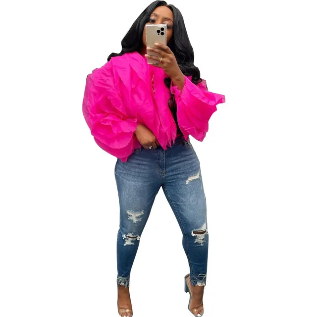 Women's Layered Puffy Petals Chiffon Long Sleeve Rose Red - Shop at LoveMi