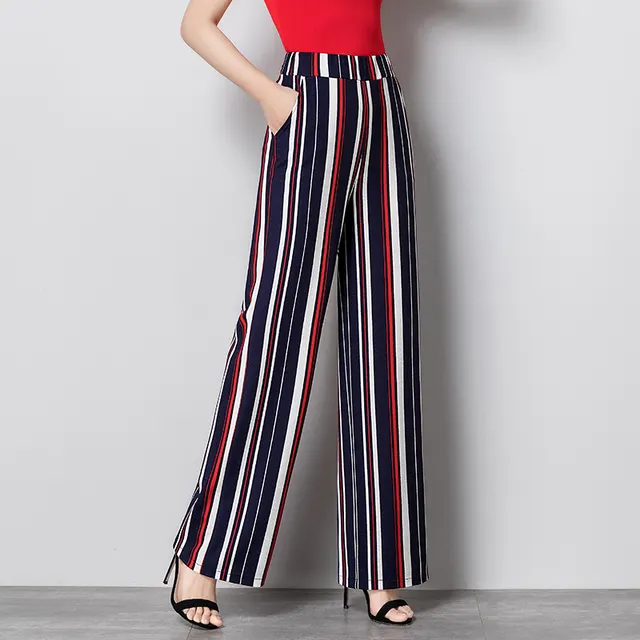 Women's Fashion Casual Vertical Striped Wide Leg Trousers Red Blue Stripes - Shop at LoveMi