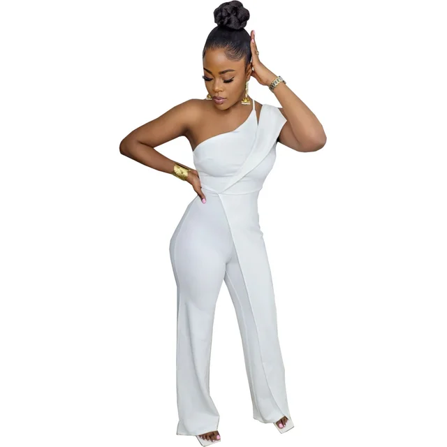 Fashion Casual One shoulder Back Concealed Zipper Sleeveless Wide Leg Jumpsuit White - Shop at LoveMi