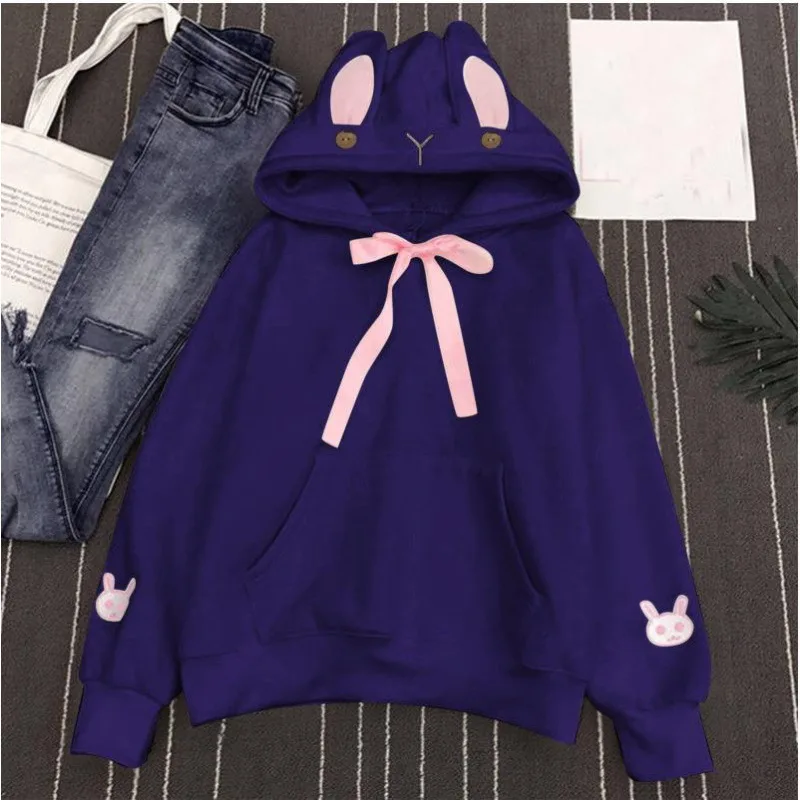 Women's Autumn And Winter Embroidered Cute Rabbit Ear Pocket Hoodie - Dark Blue