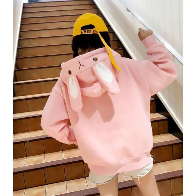 Women's Autumn And Winter Embroidered Cute Rabbit Ear Pocket Hoodie Pink - Shop at LoveMi