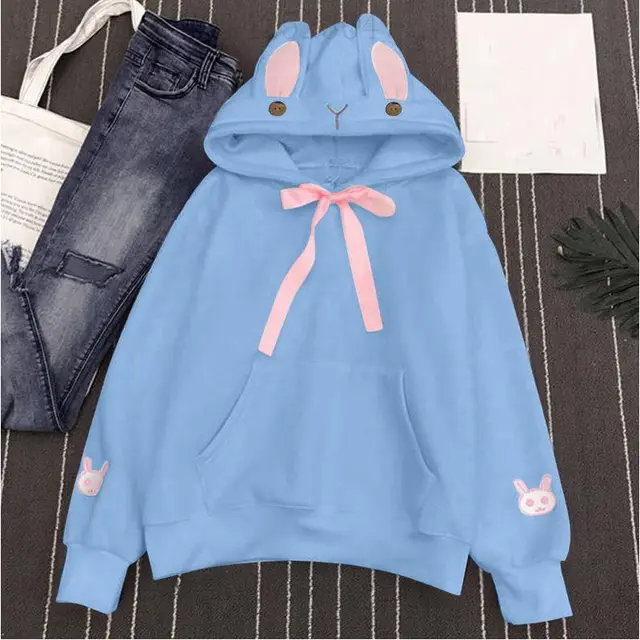 Women's Autumn And Winter Embroidered Cute Rabbit Ear Pocket Hoodie Sky Blue - Shop at LoveMi