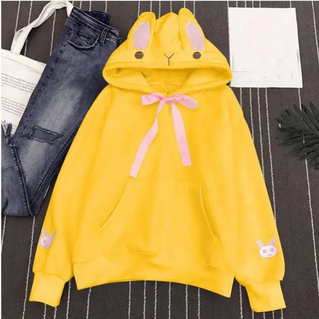 Women's Autumn And Winter Embroidered Cute Rabbit Ear Pocket Hoodie Yellow - Shop at LoveMi