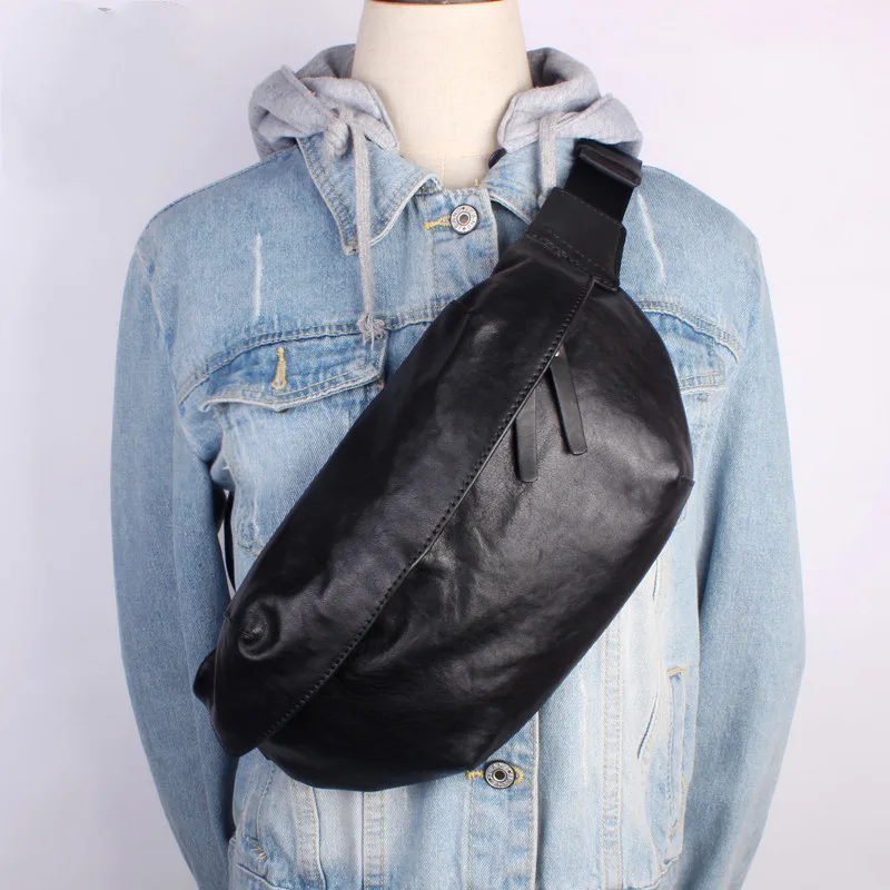 First Layer Cowhide Chest Bag Men's Satchel Simple Retro Black - Shop at LoveMi
