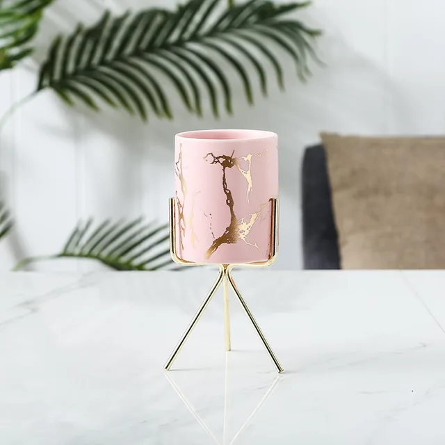 Marble Gold Pattern Succulent Iron Art Ceramic Pot Pen Holder Hydroponic Container Pink Large - Shop at LoveMi