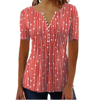 Fashion Printed Long Sleeved Shirt V-neck Blouses Ladies - Red Short Sleeve - View 1