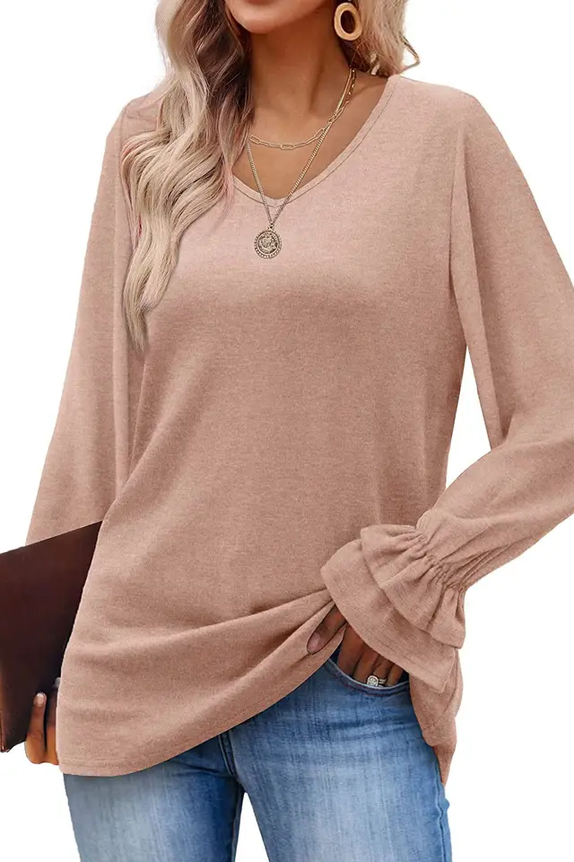 Long Sleeve Solid Color T Shirt Top Beige - Shop at LoveMi