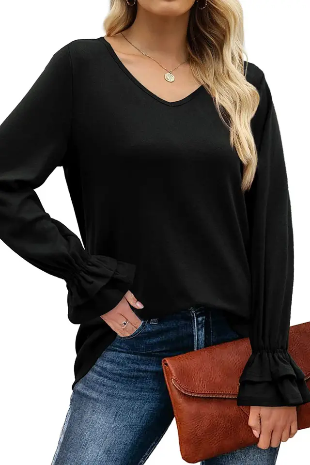 Long Sleeve Solid Color T Shirt Top Black - Shop at LoveMi