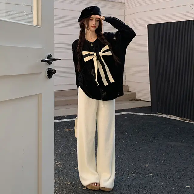 Thin Bow Hole Sweater Fashion Loose Black - Shop at LoveMi