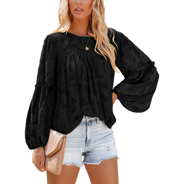 Chiffon Jacquard Floral Texture Lantern Sleeve Shirt Black - Shop at LoveMi