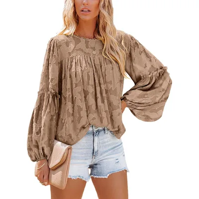 Chiffon Jacquard Floral Texture Lantern Sleeve Shirt Coffee - Shop at LoveMi