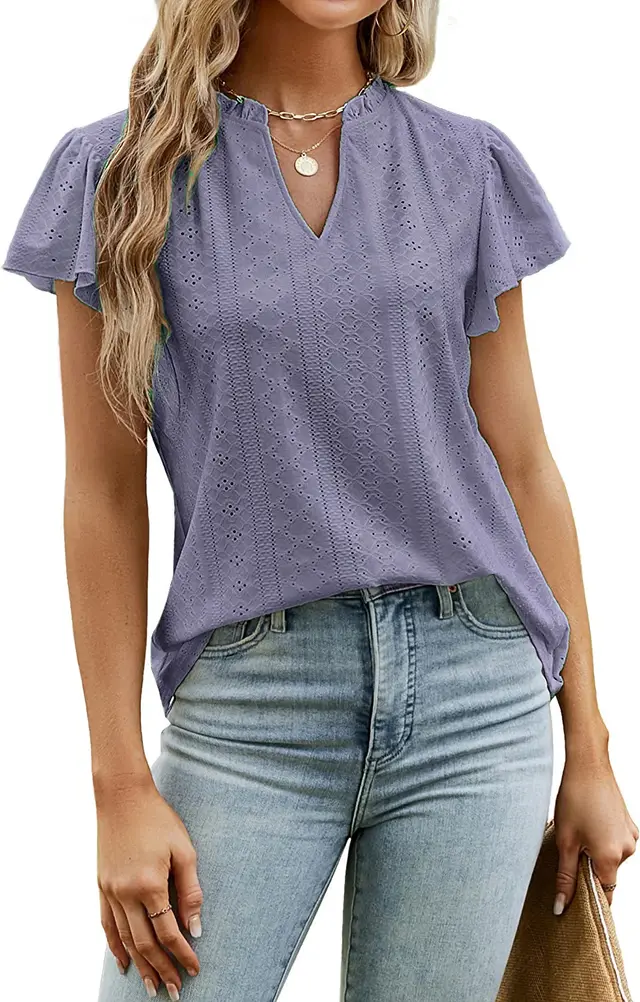 Jacquard V neck Pile Sleeve Short Sleeve Purple - Shop at LoveMi
