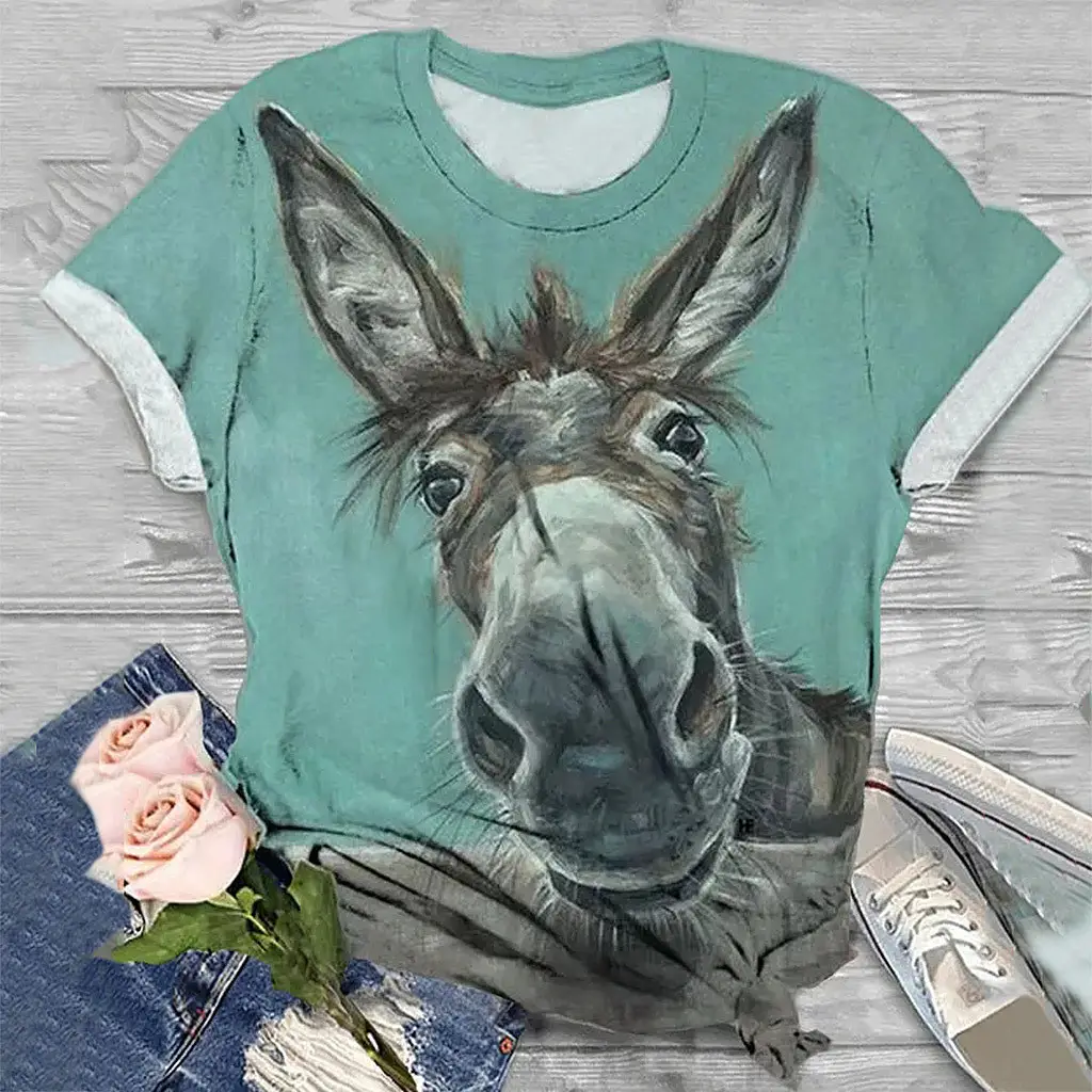 Donkey Head Printed Round Neck Short Sleeve Women's T-shirt - Green