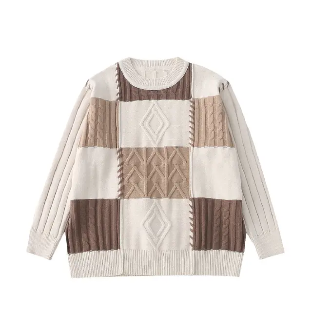 Multi Panel Round Neck Pullover Loose Fried Dough Twist Sweater For Women Khaki - Shop at LoveMi