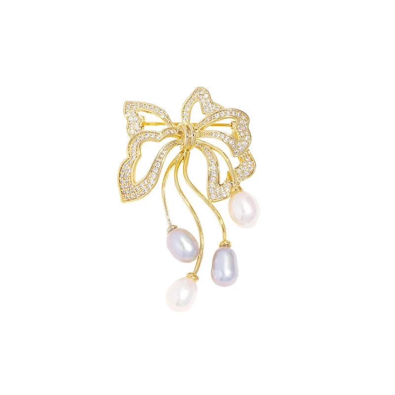 Women's Bowknot Pearl Brooch Freshwater Pearl - Gold