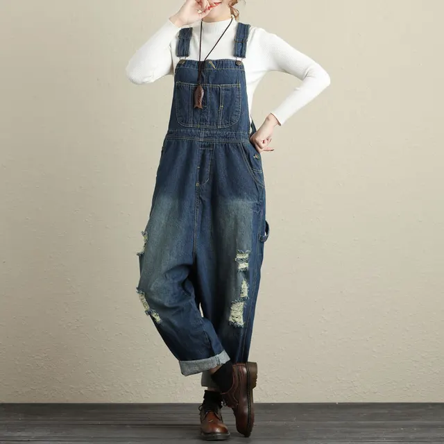 Vintage Art Loose Denim Suspenders Large Size Ripped Jumpsuit Dark Blue - Shop at LoveMi