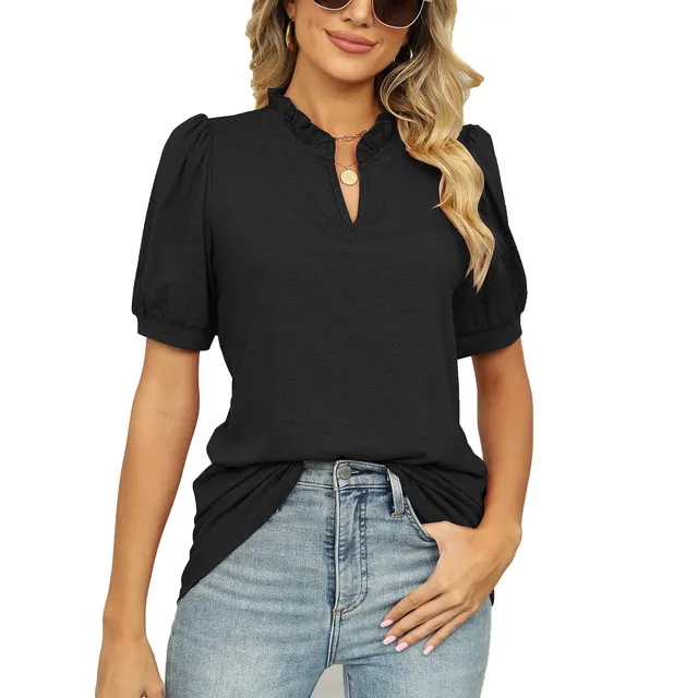 Solid Color V neck Shrink Pleated Short Sleeve Loose T shirt Top For Women Black - Shop at LoveMi
