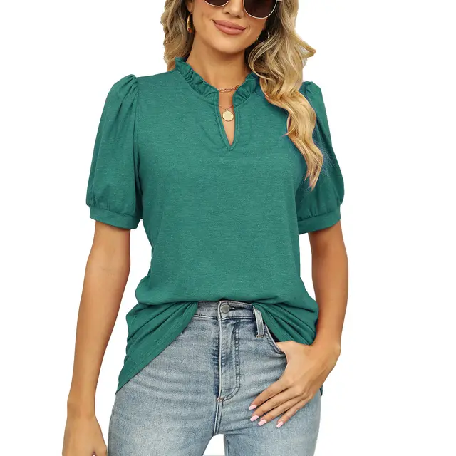 Solid Color V neck Shrink Pleated Short Sleeve Loose T shirt Top For Women Dark Green - Shop at LoveMi