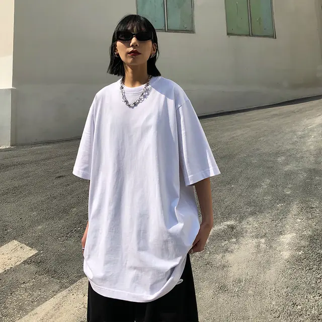 Oversize Plain Casual Round Neck T shirt Cotton Short Sleeve White - Shop at LoveMi