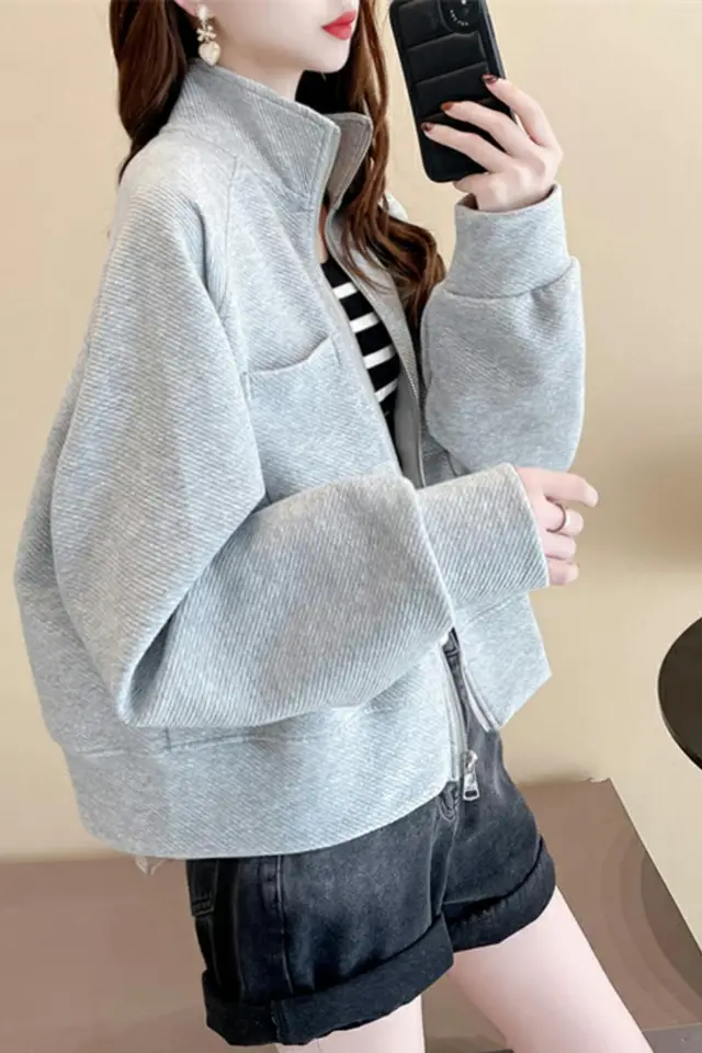 Relaxed Large Slouchy Casual Short Cardigan Top Trend Grey Plush - Shop at LoveMi