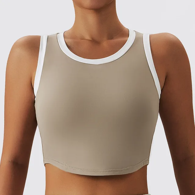 Multi panel Contrast Quick drying Yoga Bra Shock proof Running Fitness Vest Brown - Shop at LoveMi