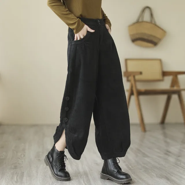Oversized Loose And Thick Corduroy Plush High Waist Capris Black - Shop at LoveMi