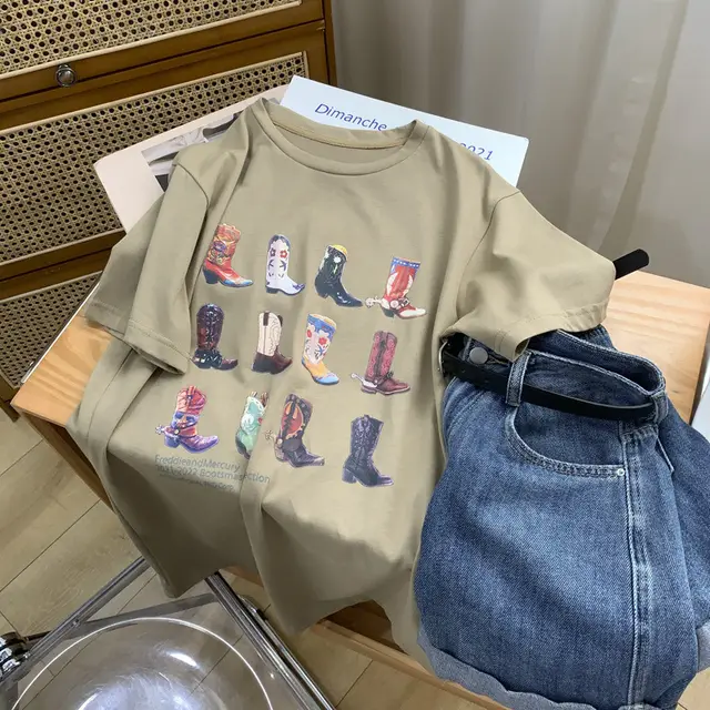 Boot Print T shirt Women Summer Pure Cotton Khaki - Shop at LoveMi