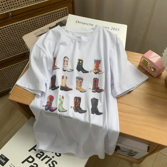 Boot Print T shirt Women Summer Pure Cotton White - Shop at LoveMi