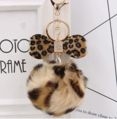 Leopard Bow Fur Ball Schoolbag Pendant Key Chain Leopard Print - Shop at LoveMi