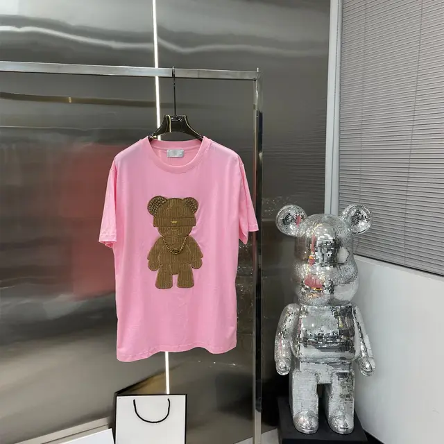 New Chain Bear Patch Embroidered Round Neck Cotton Versatile Short sleeved T shirt Pink - Shop at LoveMi