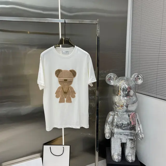 New Chain Bear Patch Embroidered Round Neck Cotton Versatile Short sleeved T shirt White - Shop at LoveMi