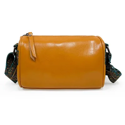 New Leather Oil Wax Cowhide Embroidered Wide Shoulder Pillow Bag Orange - Shop at LoveMi