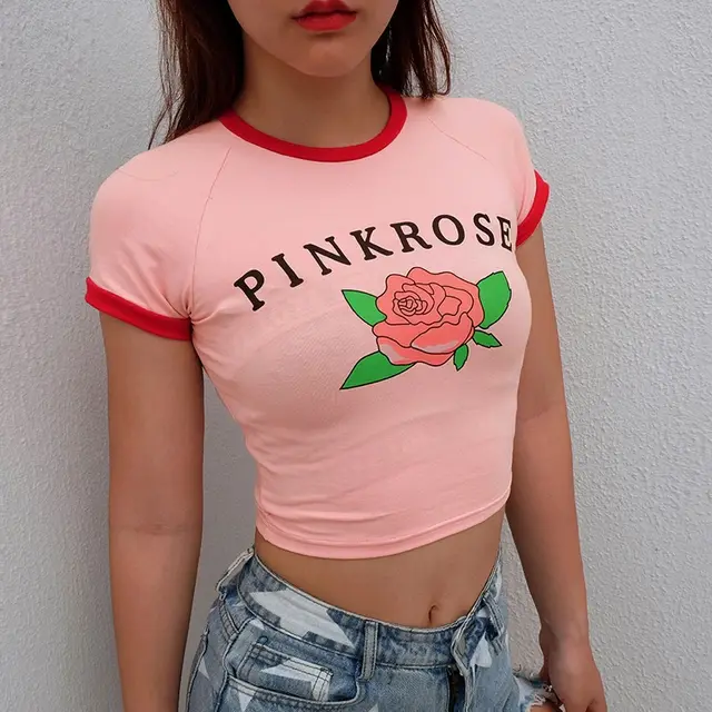 New Women's Printed Tight Short T shirt Round Neck 01Color - Shop at LoveMi