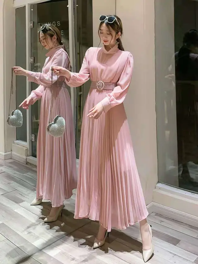 Temperament Waist Slim Knee high Pleated Long Skirt Pink - Shop at LoveMi