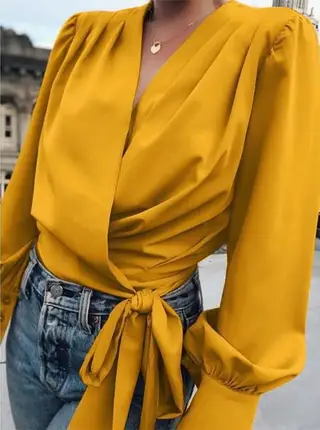 Women's Bubble Long-sleeved Loose Shirt - Yellow