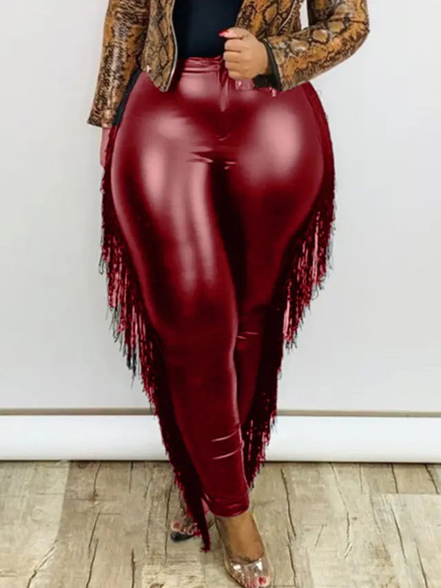 Tassel Wrap Buttocks 9 Inch Large Leather Pants Wine Red - Shop at LoveMi