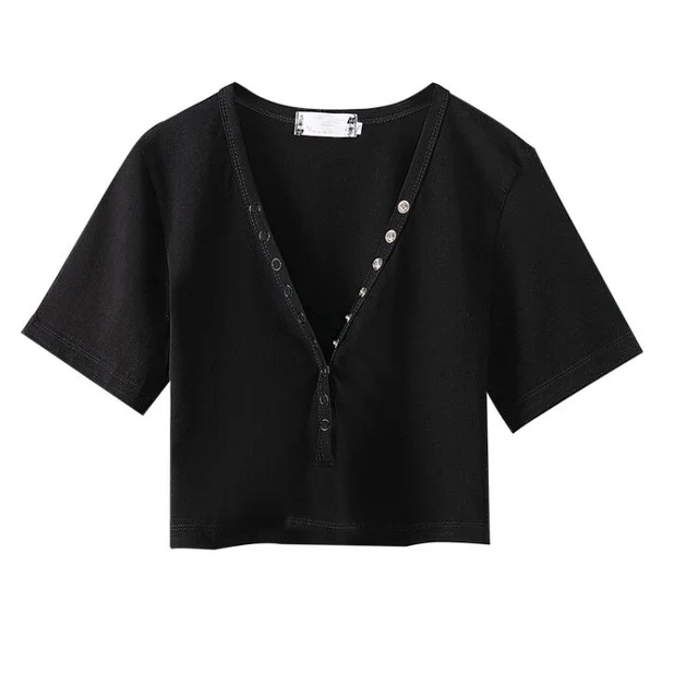 Small Slim V neck Short Top T shirt Female Black - Shop at LoveMi