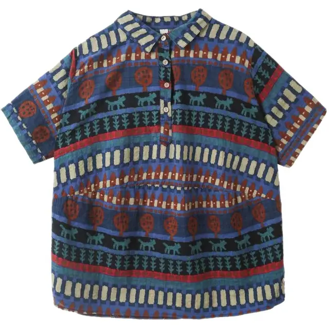 Cotton And Hemp Printing Loose Large Casual Short sleeved Meat Concealing Thin Shirt Top Navy Blue - Shop at LoveMi