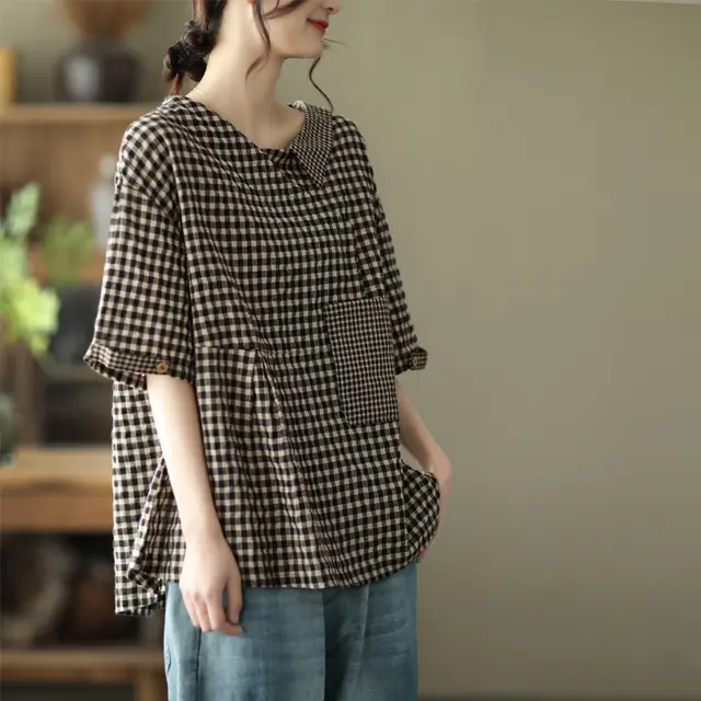 Loose Patchwork Cotton Plaid V neck Short sleeved T shirt Women's Pullover Black - Shop at LoveMi
