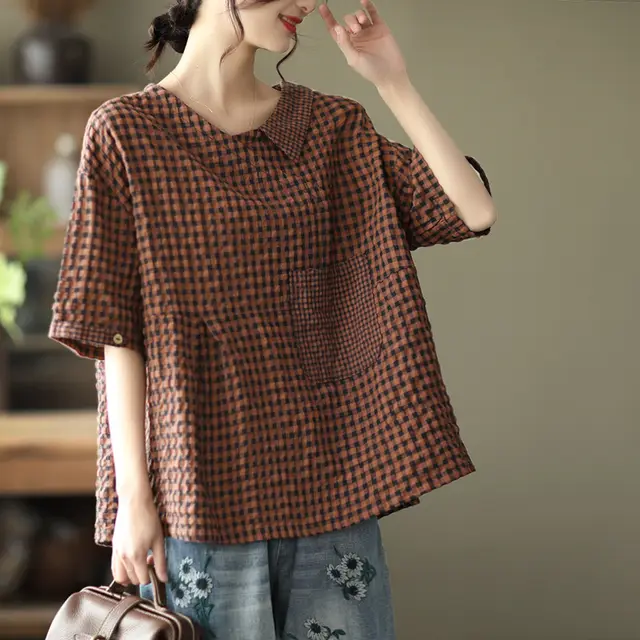 Loose Patchwork Cotton Plaid V neck Short sleeved T shirt Women's Pullover Red - Shop at LoveMi