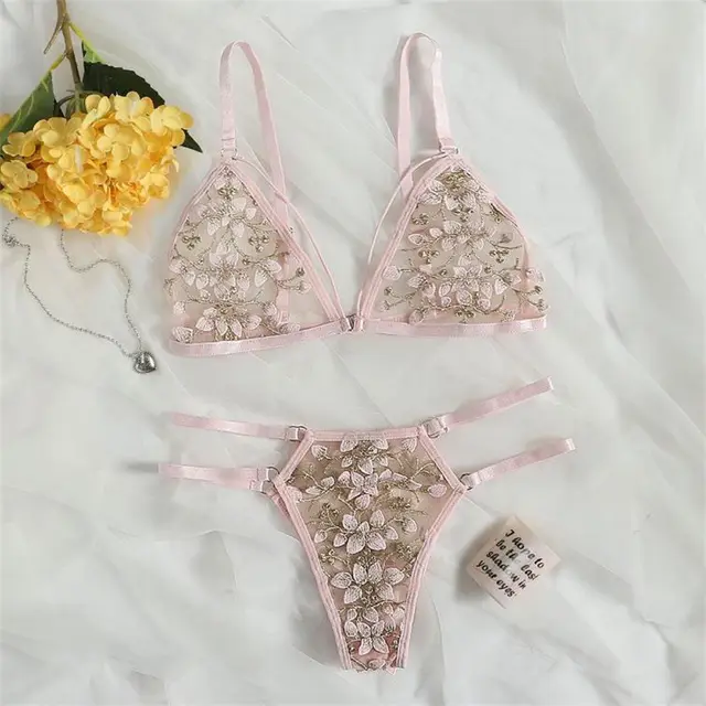 Sexy Three point Three dimensional Embroidered Flower Bra Panty Set Pink - Shop at LoveMi