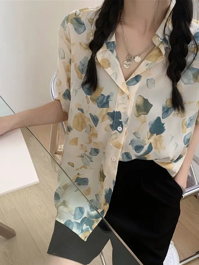 Vintage Chiffon Printed Short sleeved Shirt Woman Yellow - Shop at LoveMi
